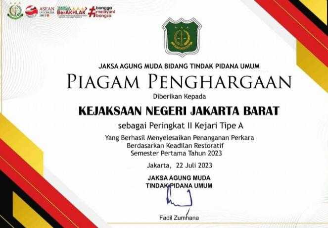 Ombudsman Jakarta Raya Apresiasi Kejari Jakbar Terima Penghargaan Dari Jampidum Kejagung
