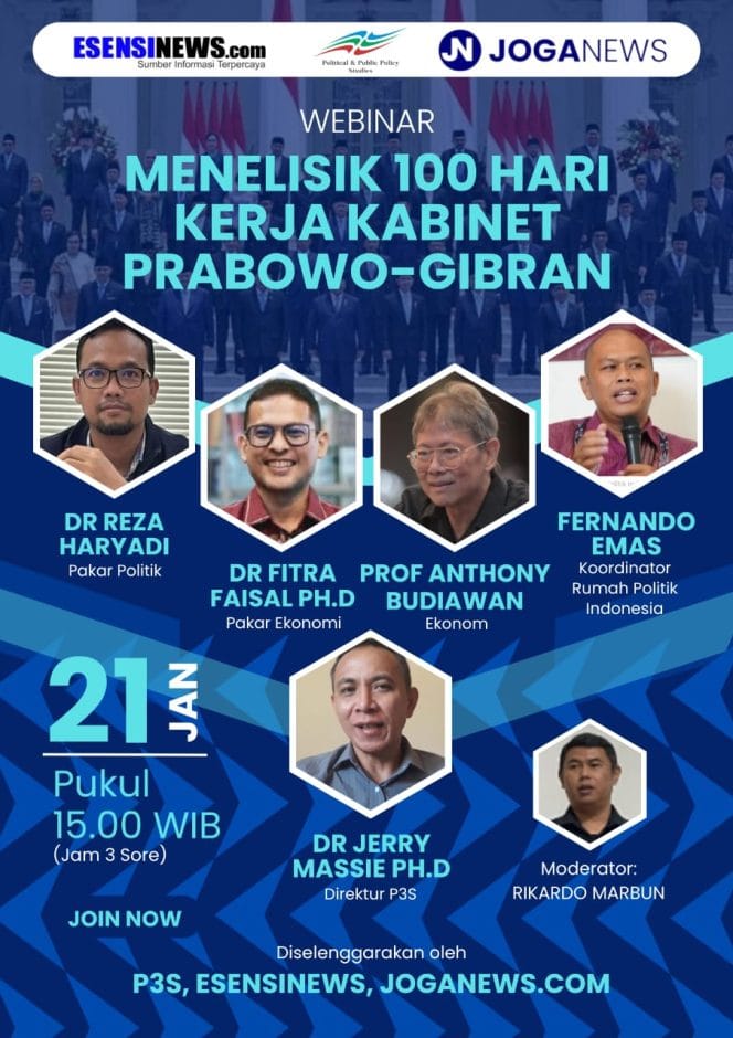 
Keterangan foto : Webinar P3S bertajuk Menelisik 100 Hari Kerja Kabinet Prabowo-Gibran, Selasa (21/1/2025)