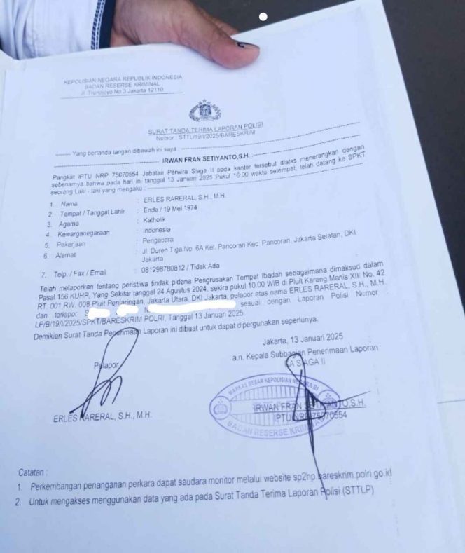 
Advokat Erles Rareral, Laporkan Pengerusakan Tempat Ibadah ke Mabes Polri