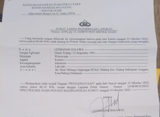 
Keterangan Foto: Surat laporan korban penganiayaan diduga dilakukan oleh bos tambang emas ilegal di polsek saibu.