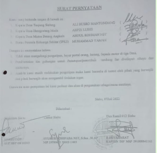 
Keterangan Foto : Surat Pernyataan antara pejabat terkait.