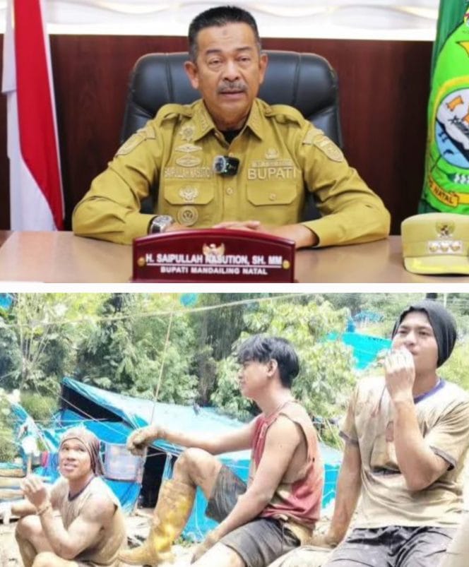 
Keterangan Foto : Bupati Mandailing Natal (Madina) H. Saipullah Nasution, SH MM dan Lokasi tambang emas ilegal di Desa Tangga Bosi,Bukit Siayo , Kecamatan Saibu, Kabupaten Mandarling Sumatera Utara yang sudah puluhan tahun beroprasi.