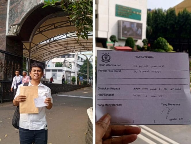 
Keterangan foto :  penyerahan berkas laporan oleh Irwan,SH.
di gerbang utama Kejaksaan Agung RI, disertai tanda terima resmi bernomor 061/HJ-B&P/VI/2025 tertanggal 25 Juni 2025.